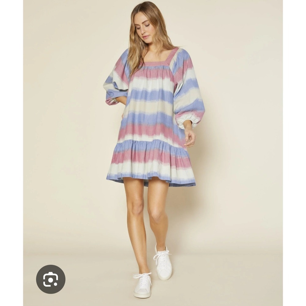 Outerknown Women's Dress‎ Size S Cotton Blend Square Neck Pink Blue Striped